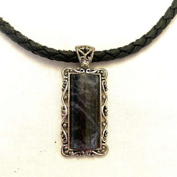 18" Choker Necklace Blue Marbled Stone Pendant Black Braided Vinyl Rope Handmade - Picture 4 of 6